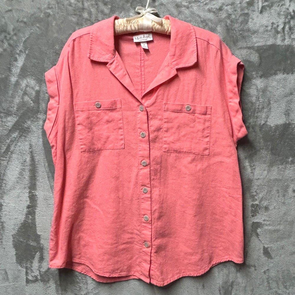 Isabel by Ingrid+Isabel Womens Coral Linen Blend Short Sleeve Button Up Shirt M